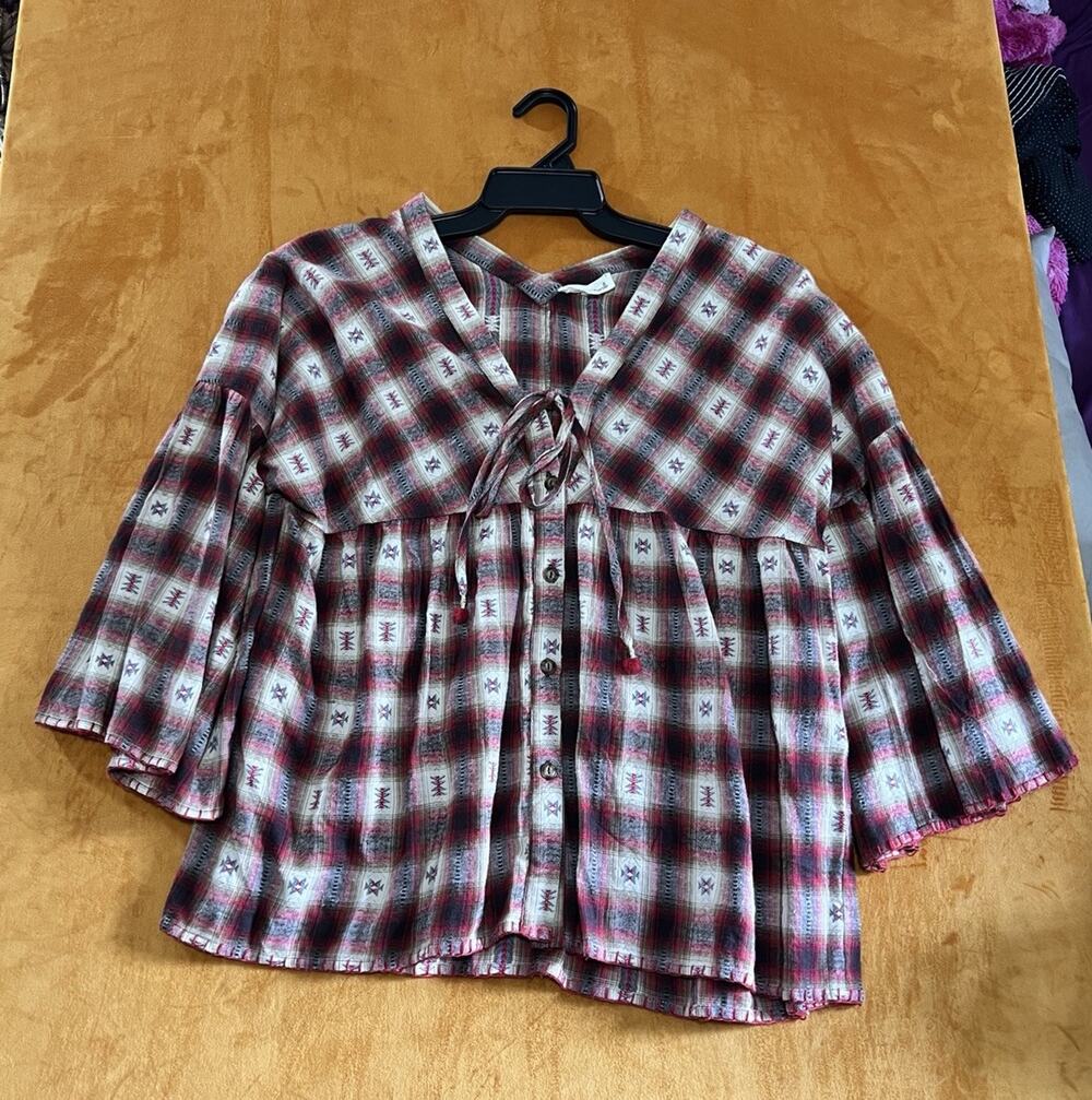 Cousin Earl Plaid Boho Peasant Blouse Top Women’s M